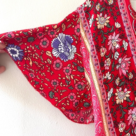 Maxi Dress Red Wrap V Neck Short Sleeve Front Split Summer Floral Belted, Size S - Picture 4 of 10